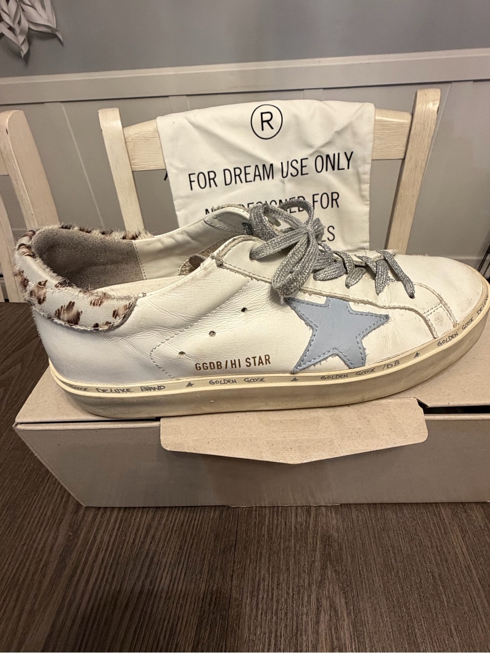 Golden-Goose Hi Star White Sneaker with Light Blue Star and Leopard Heel